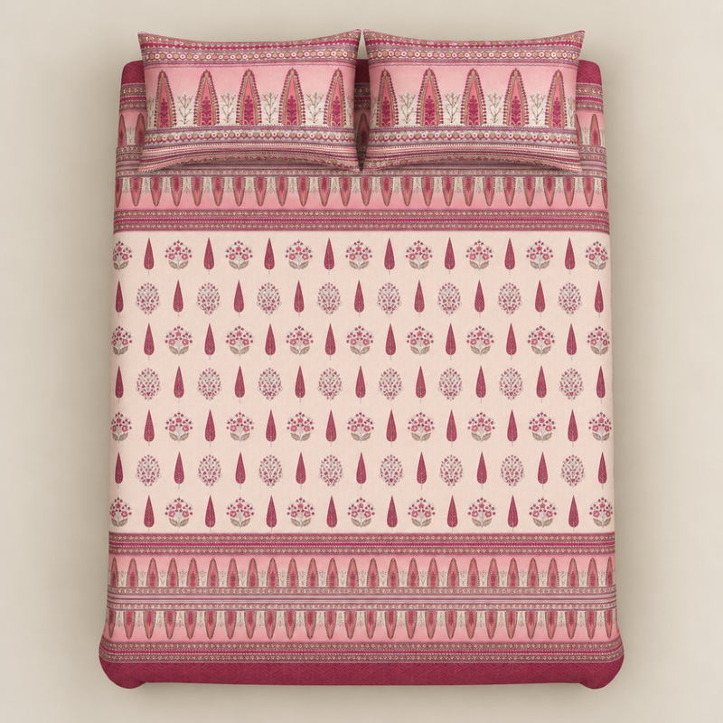 Sarv Bahar Pink cotton king size bedsheet - overhead view
