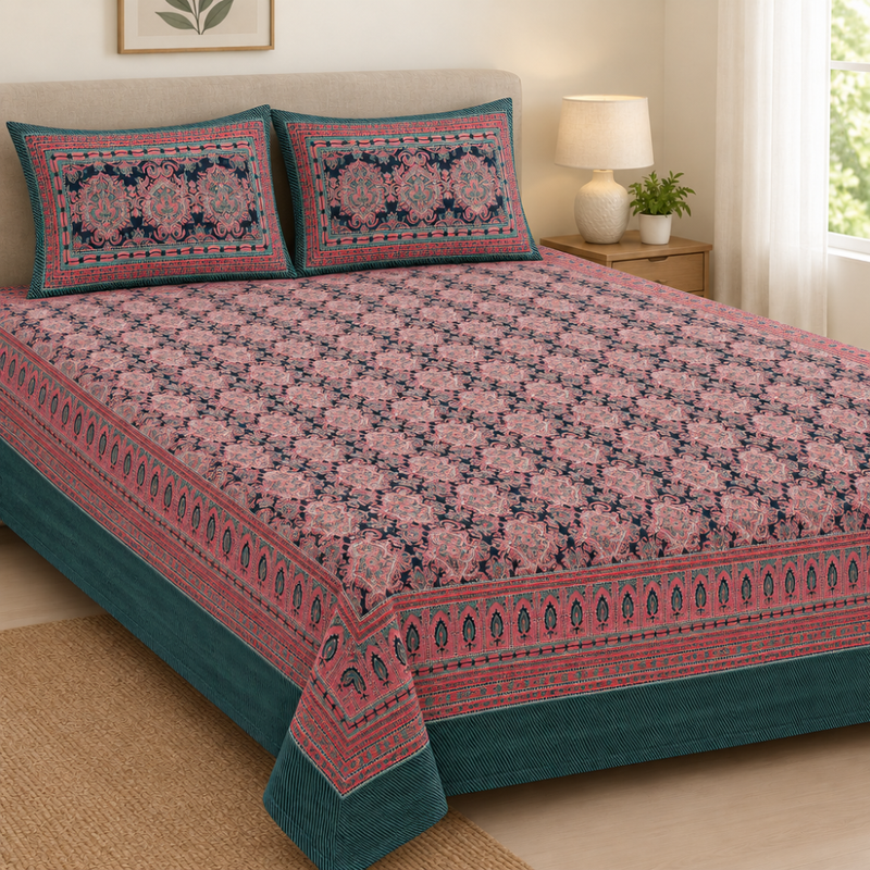 Rani Mehrab Navy cotton king size bedsheet - front view
