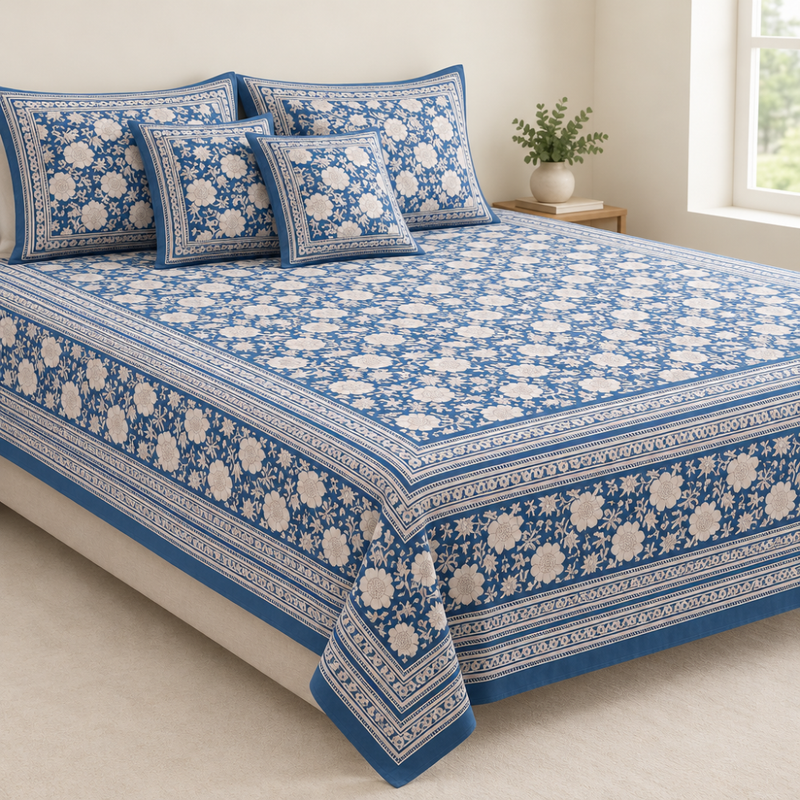 Mahal Jaal Blue cotton king size bedsheet - front view
