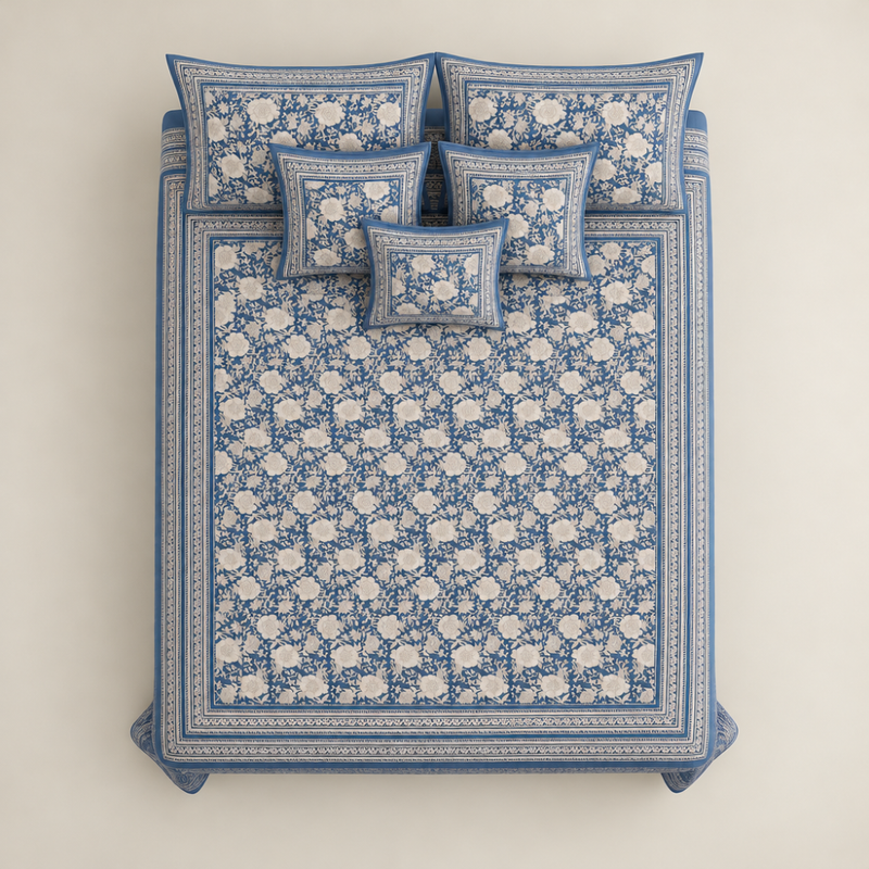 Mahal Jaal Blue cotton king size bedsheet - overhead view