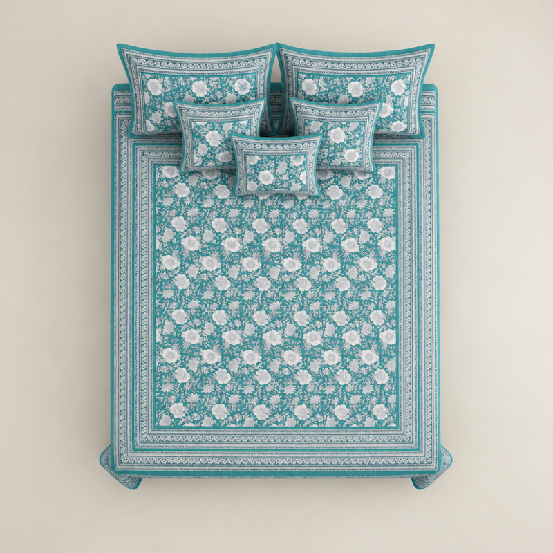 Mahal Jaal Teal cotton king size bedsheet - overhead view