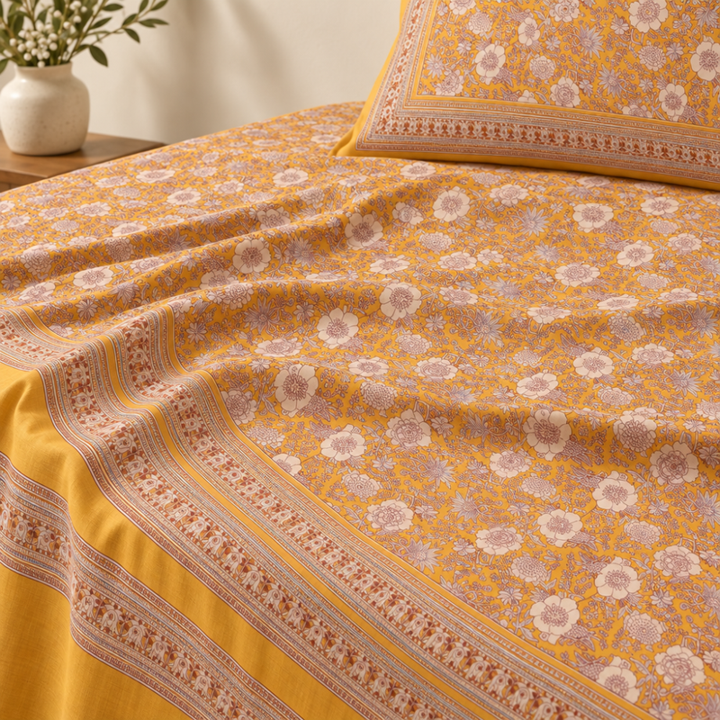 Mahal Jaal Mustard cotton king size bedsheet - close-up of print