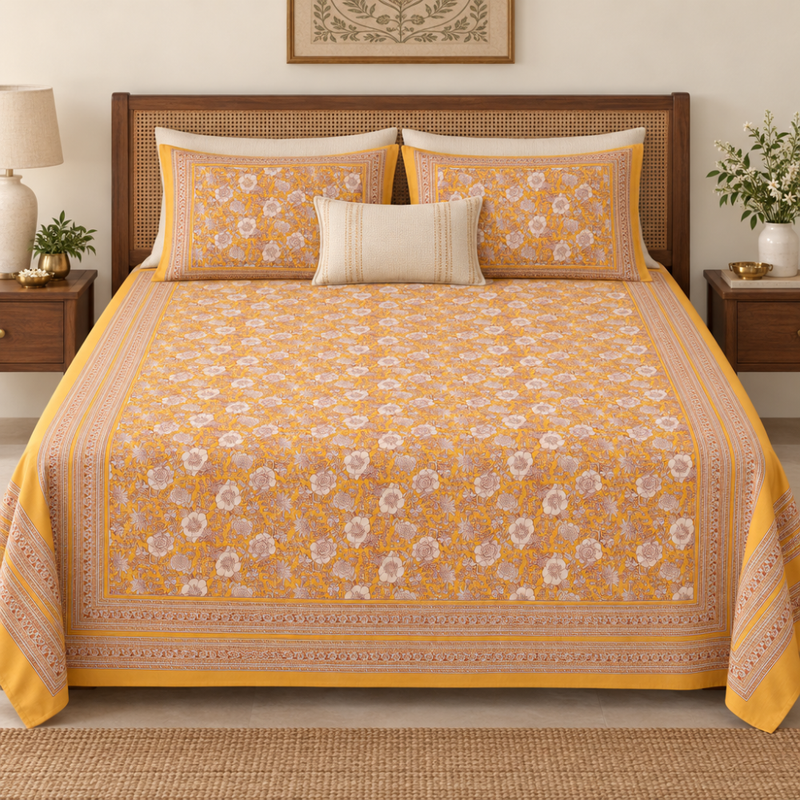 Mahal Jaal Mustard cotton king size bedsheet - front view