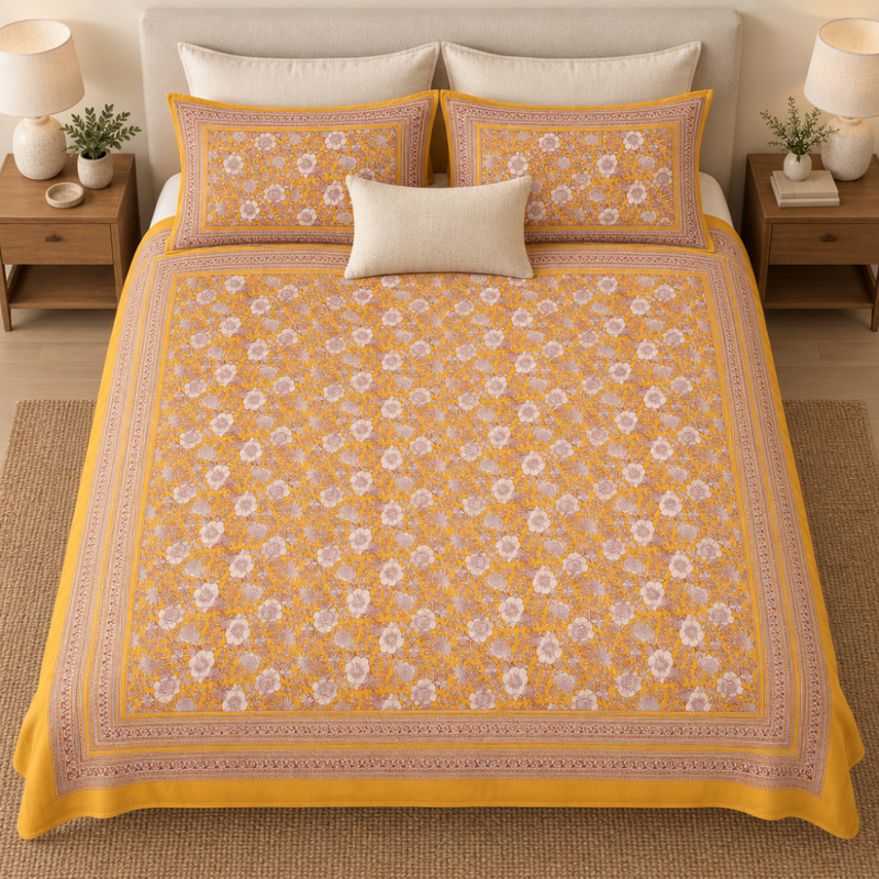 Mahal Jaal Mustard cotton king size bedsheet - overhead view