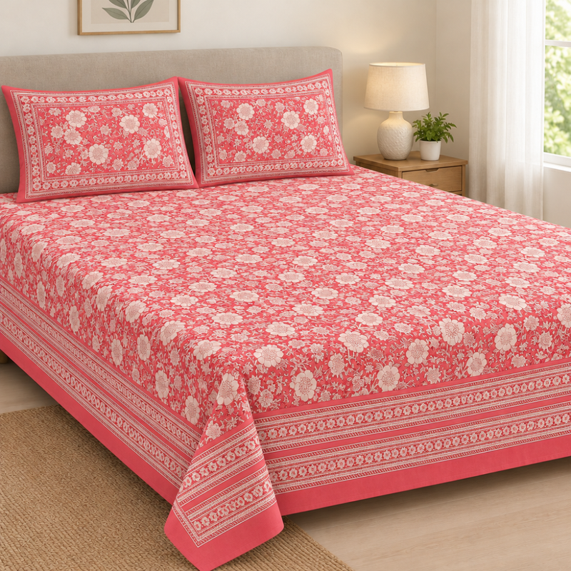 Mahal Jaal Coral cotton king size bedsheet - front view