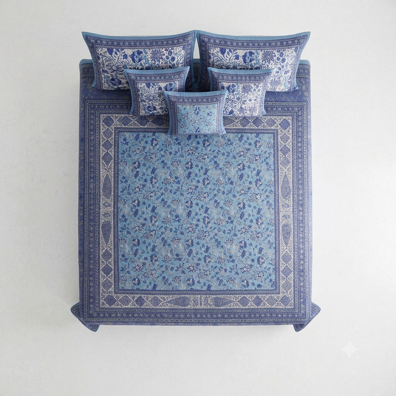 Gulshan Bahar Blue cotton king size bedsheet - overhead view
