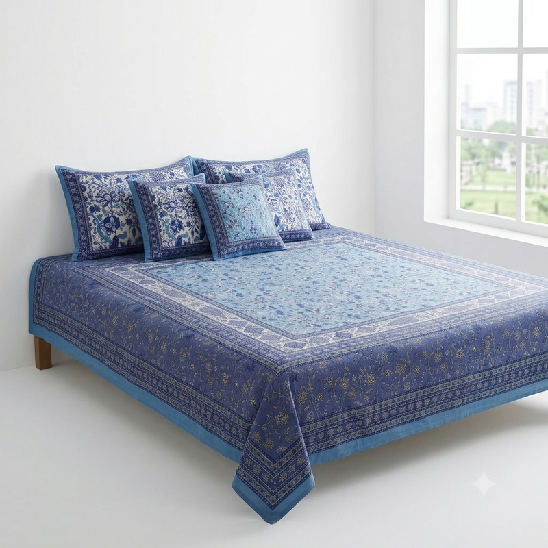 Gulshan Bahar Blue cotton king size bedsheet -front view