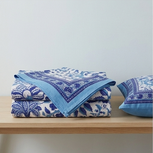Blue Gulbahar reactive print cotton bedsheet, bedsheet with 2 pillow covers