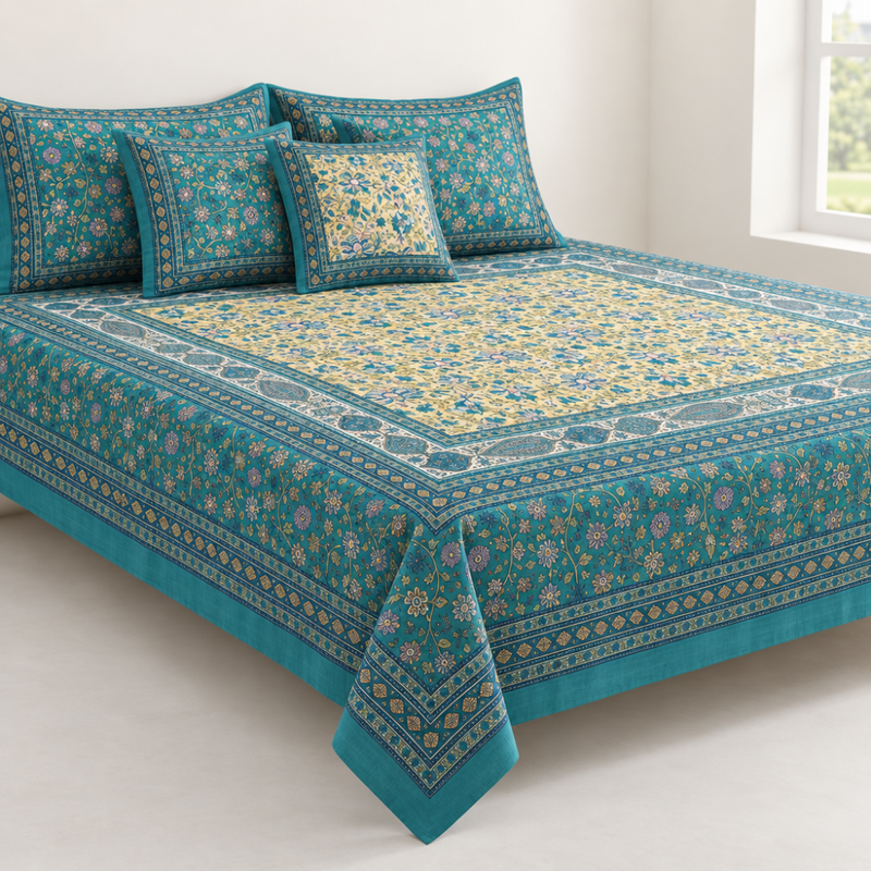 Gulshan Bahar Teal cotton king size bedsheet - front view
