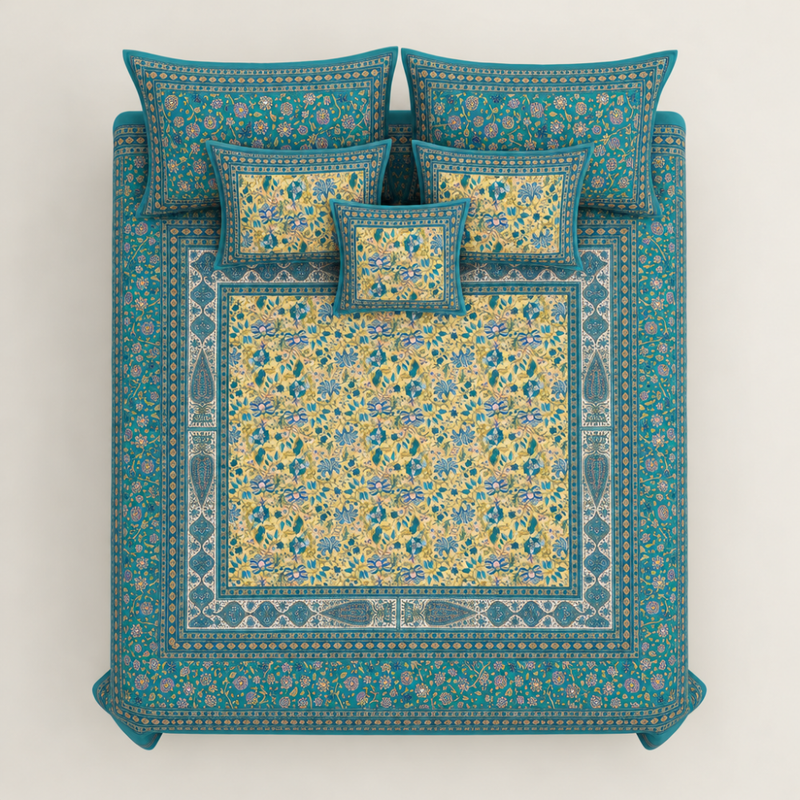Gulshan Bahar Teal cotton king size bedsheet - overhead view