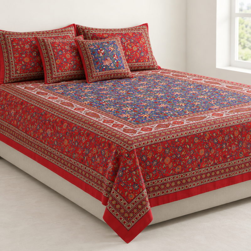 Gulshan Bahar Red cotton king size bedsheet - front view