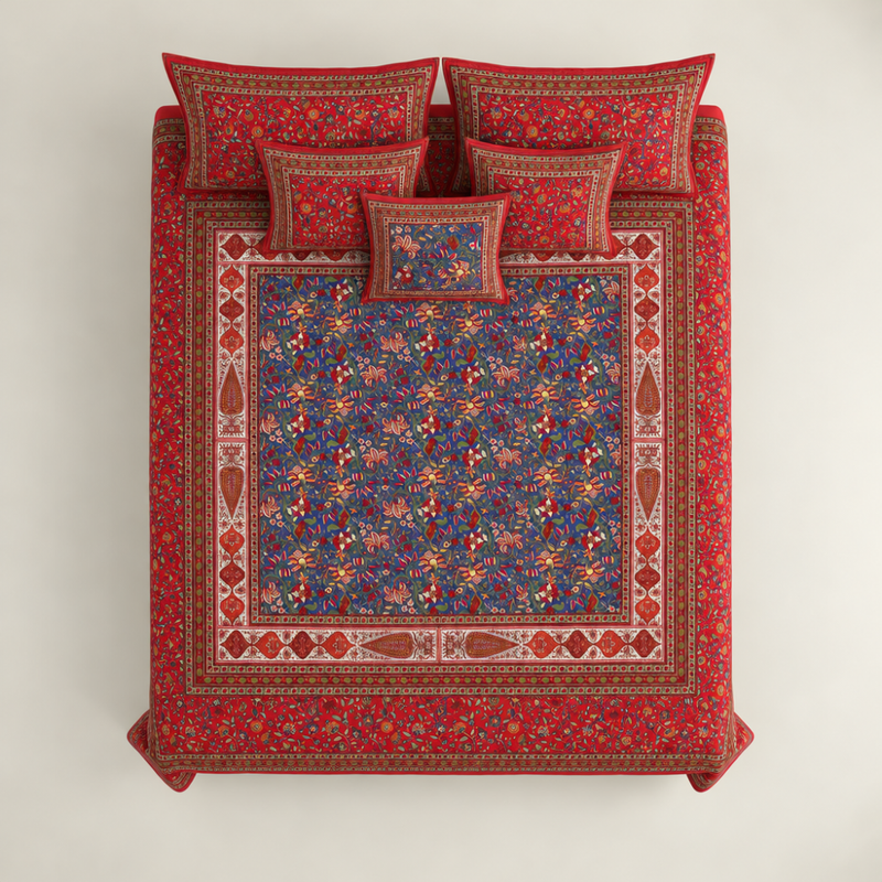 Gulshan Bahar Red cotton king size bedsheet - overhead view