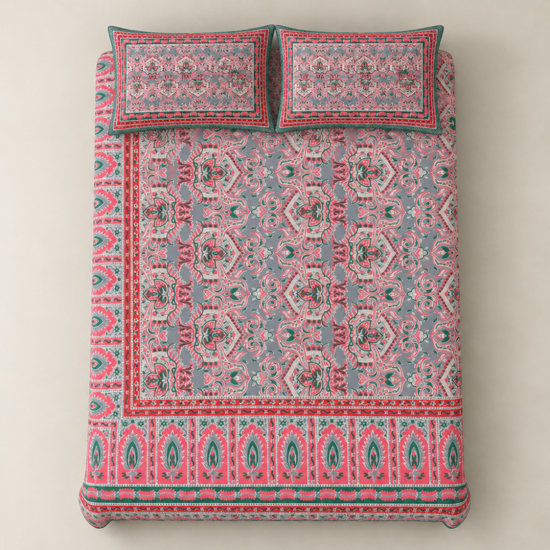 Rani Mehrab Grey cotton king size bedsheet - overhead view
