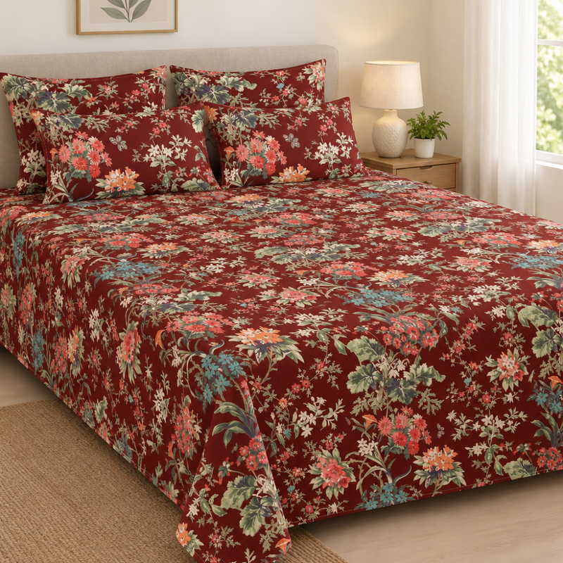 Van Bahar Maroon cotton king size bedsheet - front view