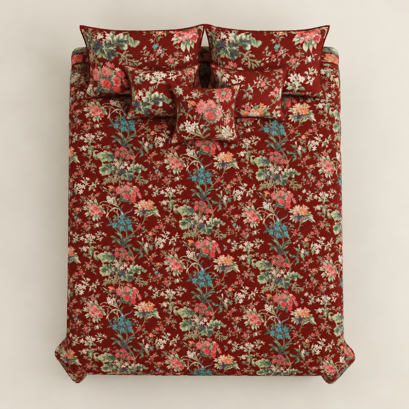 Van Bahar Maroon cotton king size bedsheet - overhead view
