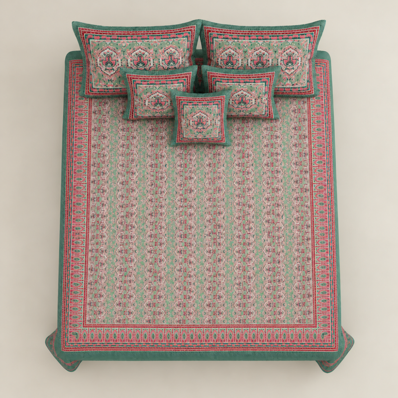 Rani Mehrab Sage Green cotton king size bedsheet - overhead view