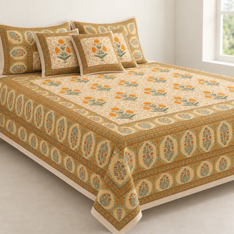 Genda Bagh Marigold cotton king size bedsheet - front view