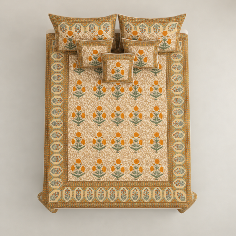 Genda Bagh Marigold cotton king size bedsheet - overhead view