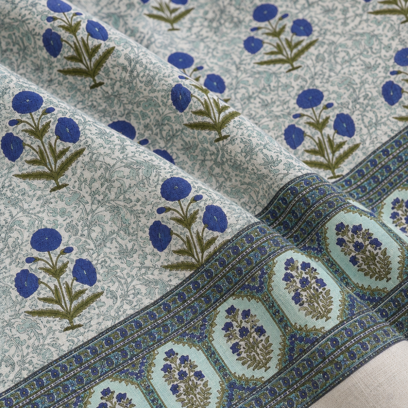 Genda Bagh Blue cotton king size bedsheet - close-up of print
