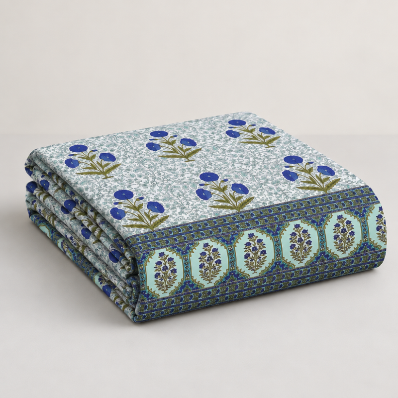 Genda Bagh Blue cotton king size bedsheet - folded set