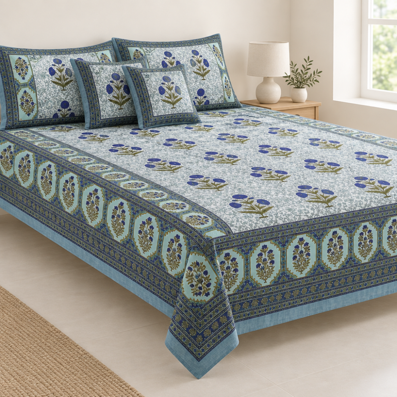Genda Bagh Blue cotton king size bedsheet - front view