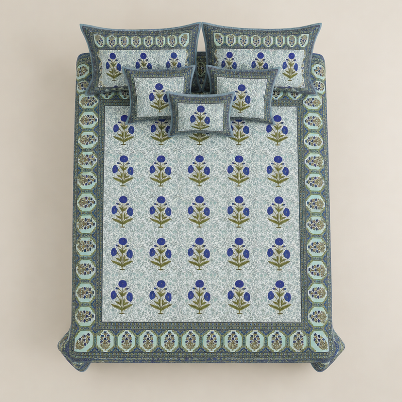 Genda Bagh Blue cotton king size bedsheet - overhead view