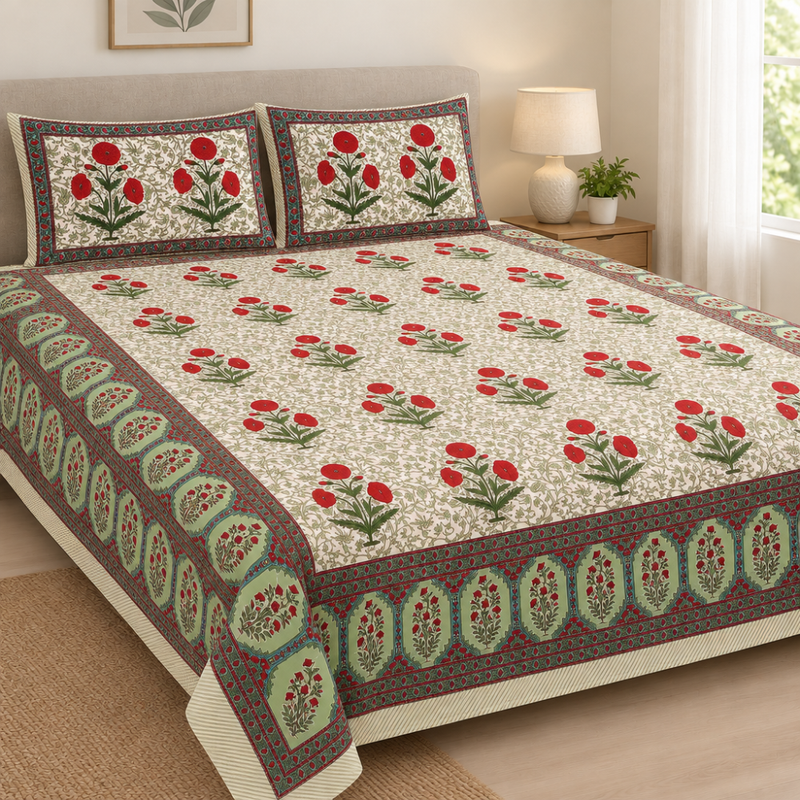 Genda Bagh Red cotton king size bedsheet - front view