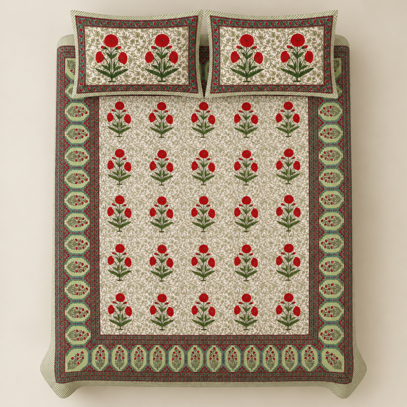 Genda Bagh Red cotton king size bedsheet - overhead view
