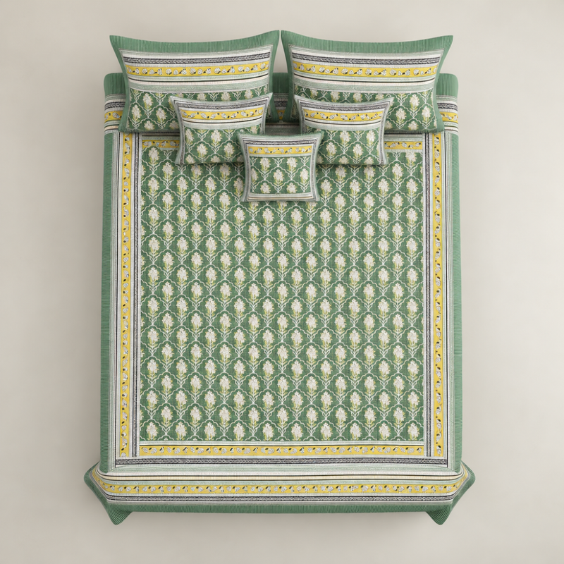 Shahi Buti Green cotton king size bedsheet - overhead view