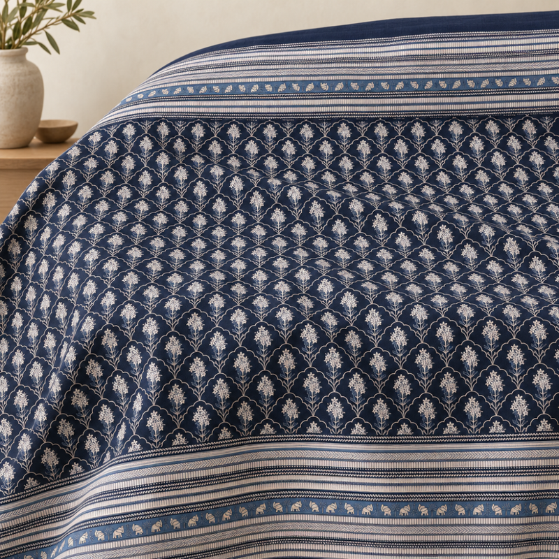 Shahi Buti Navy cotton king size bedsheet - close-up of print