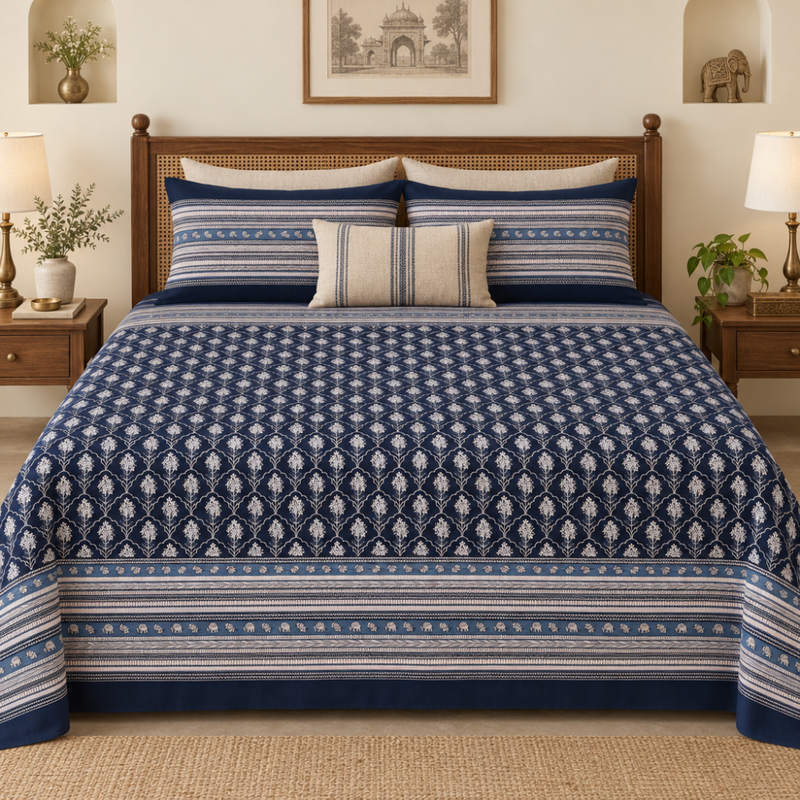 Shahi Buti Navy cotton king size bedsheet - front view