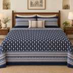 Shahi Buti Navy cotton king size bedsheet - front view