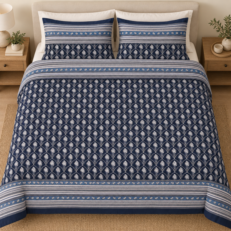 Shahi Buti Navy cotton king size bedsheet - overhead view