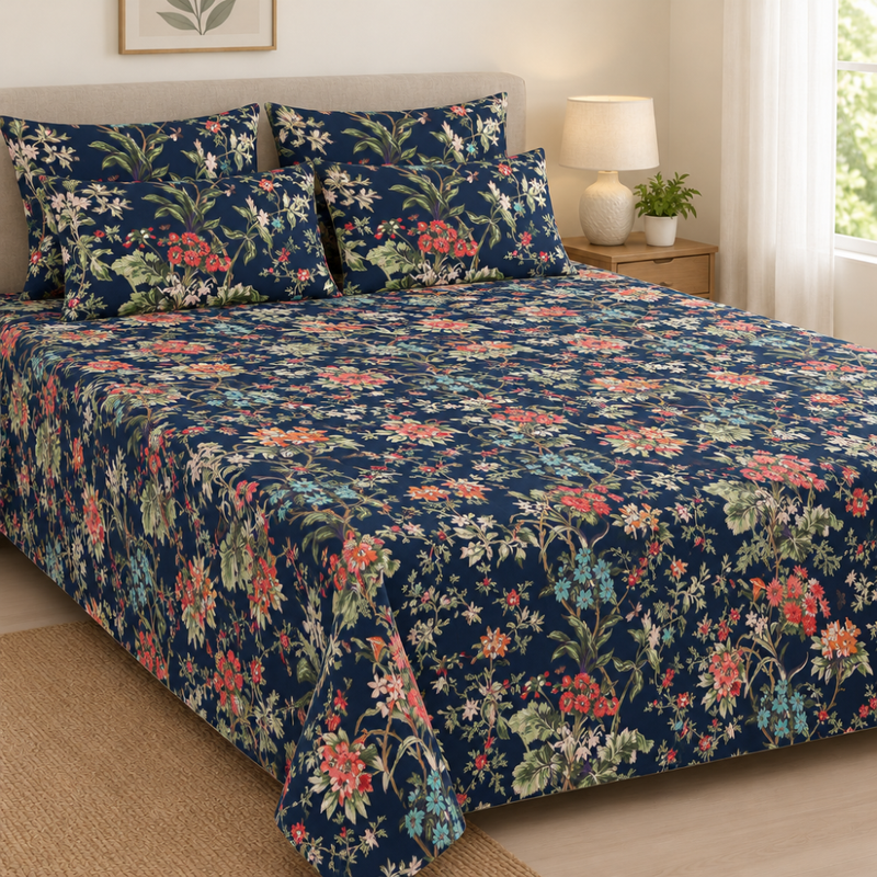 Van Bahar Navy cotton king size bedsheet - front view