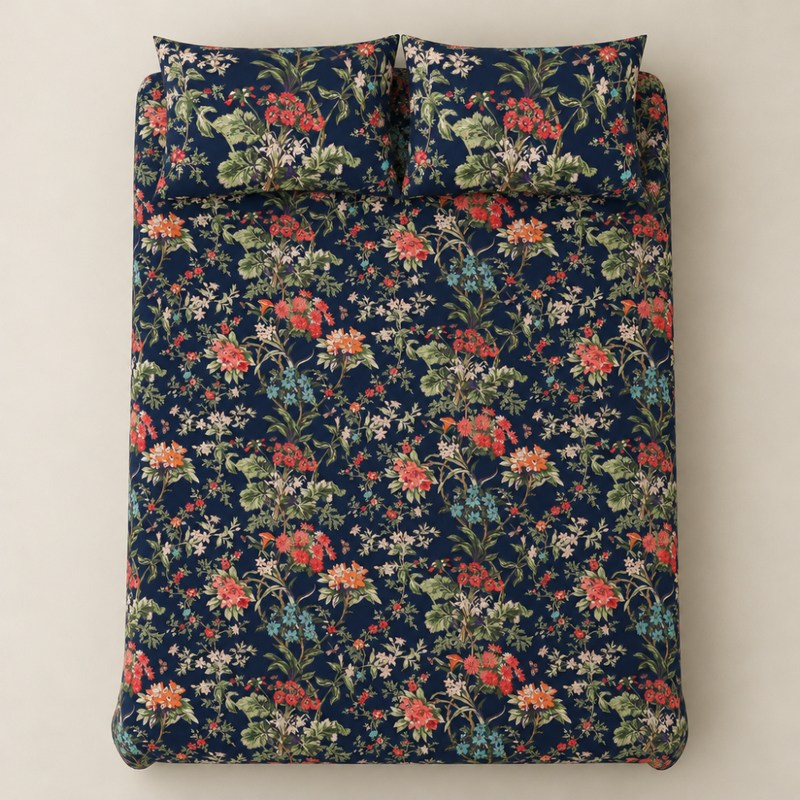 Van Bahar Navy cotton king size bedsheet - overhead view