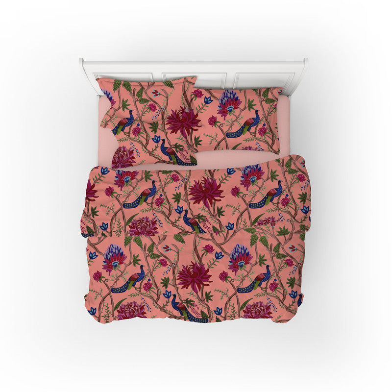 Indian Peacock cotton velvet bedcover in Burnt Coral