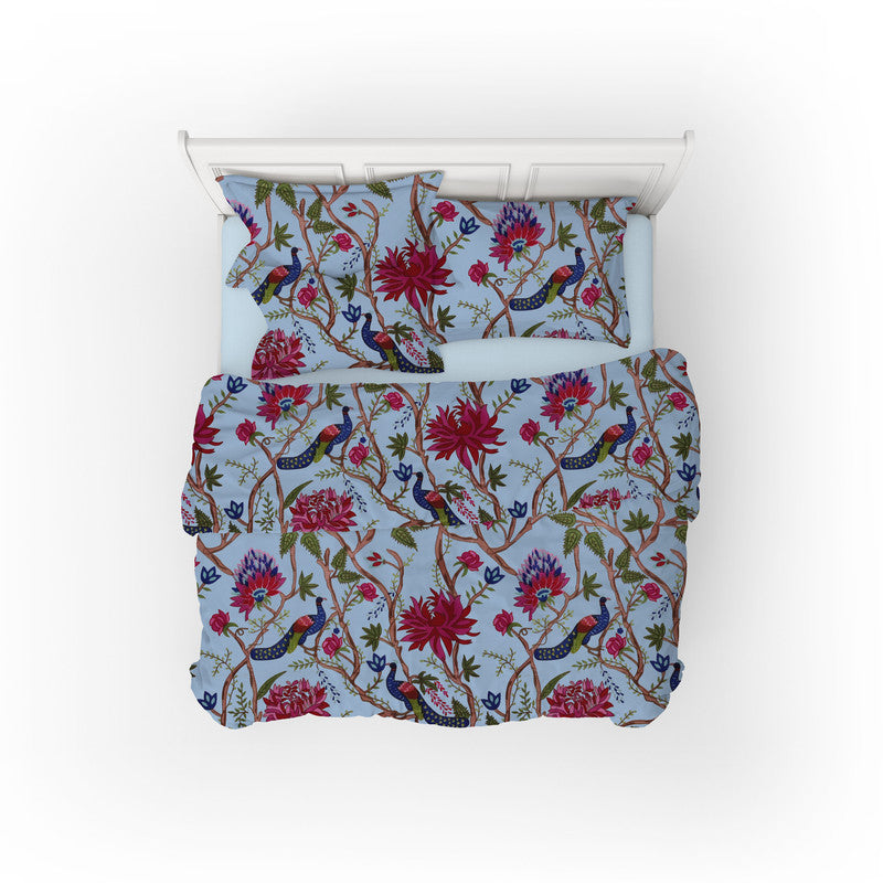 Indian Peacock cotton velvet bedcover in Cerulean