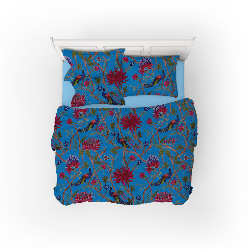Indian Peacock cotton velvet bedcover in French Blue