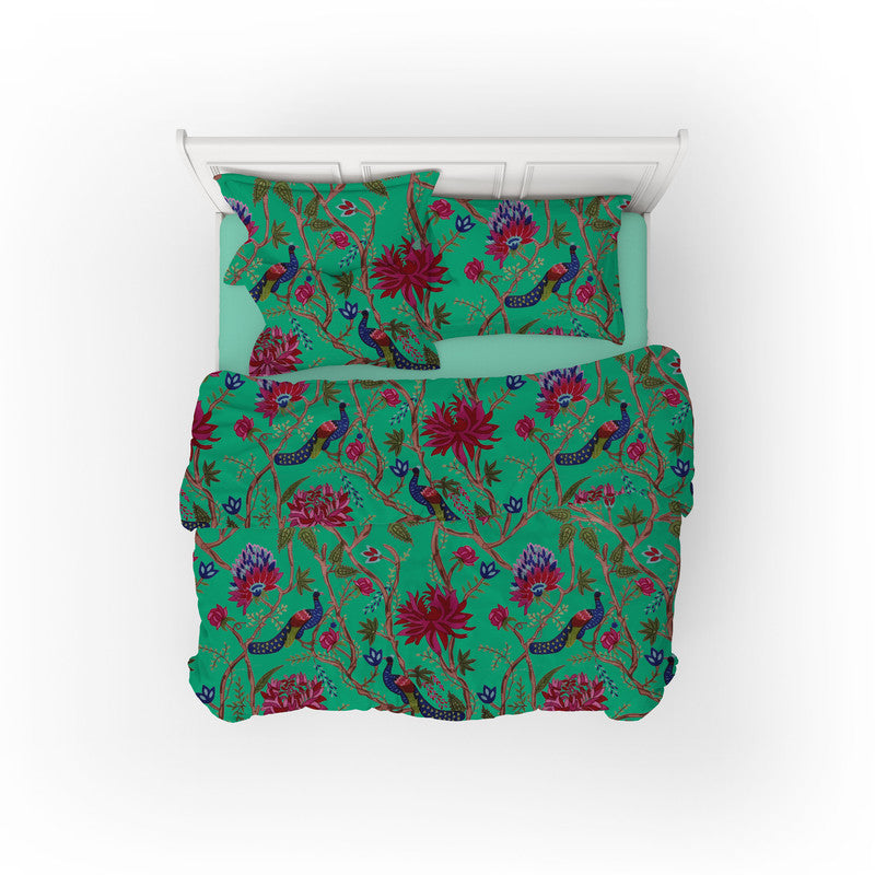 Indian Peacock cotton velvet bedcover in Mint