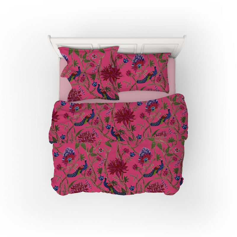 Indian Peacock cotton velvet bedcover in Raspberry