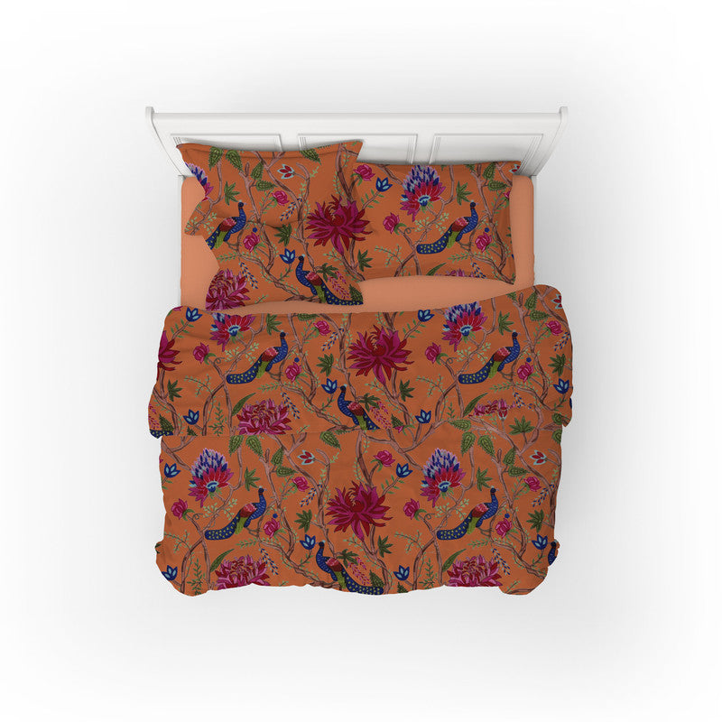 Indian Peacock cotton velvet bedcover in Rust
