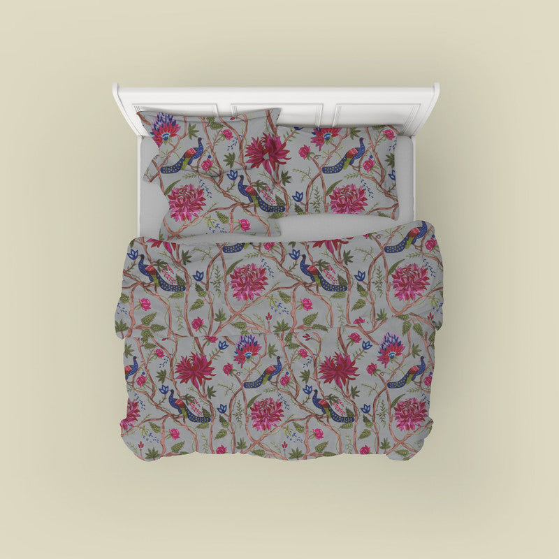 Indian Peacock cotton velvet bedcover in Ultimate Gray