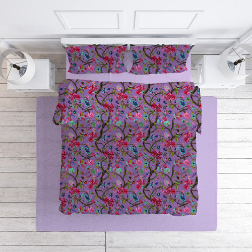 Chirping Bird cotton velvet bedcover in Amethyst Orchid