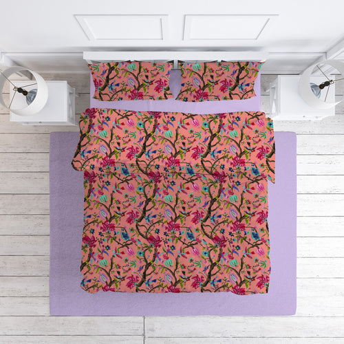 Chirping Bird cotton velvet bedcover in Burnt Coral