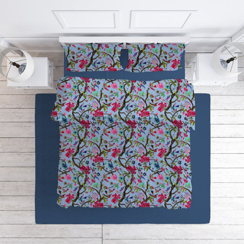 Chirping Bird cotton velvet bedcover in Cerulean