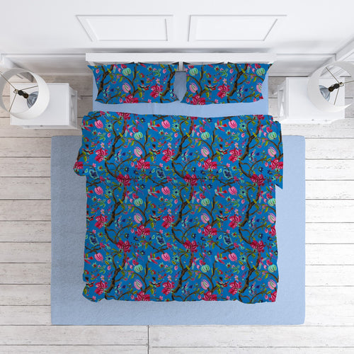 Chirping Bird cotton velvet bedcover in French Blue