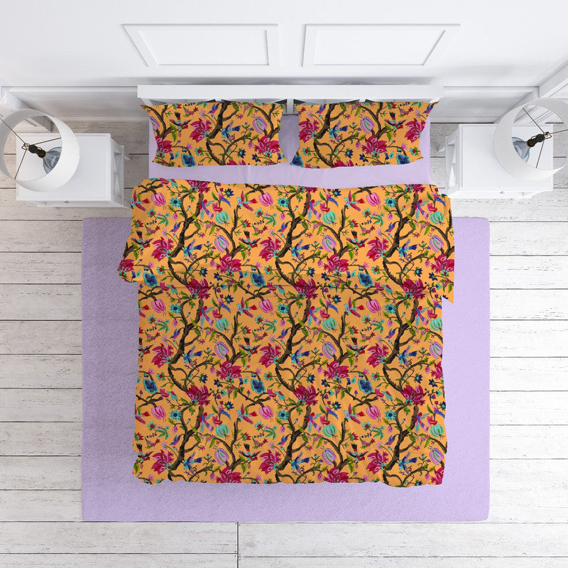 Chirping Bird cotton velvet bedcover in Marigold