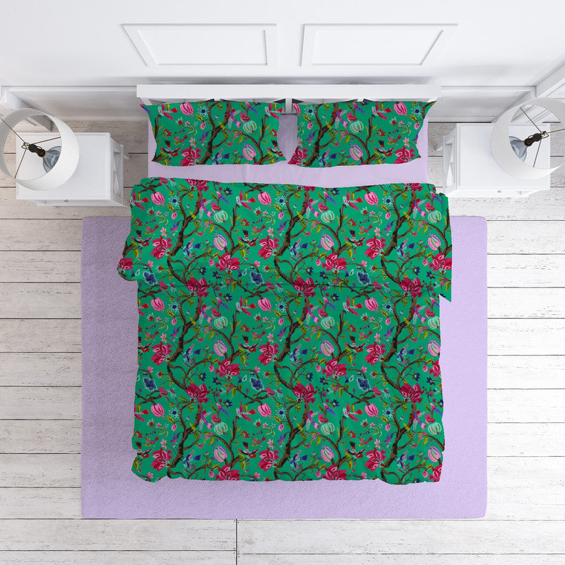 Chirping Bird cotton velvet bedcover in Mint