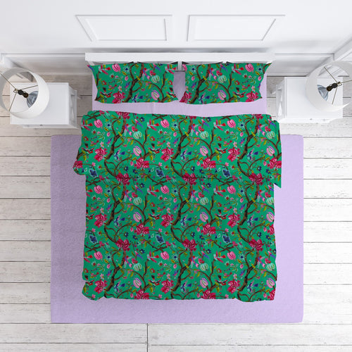 Chirping Bird cotton velvet bedcover in Mint