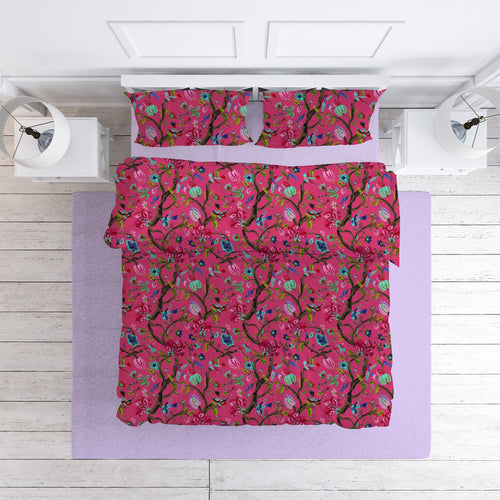 Chirping Bird cotton velvet bedcover in Raspberry